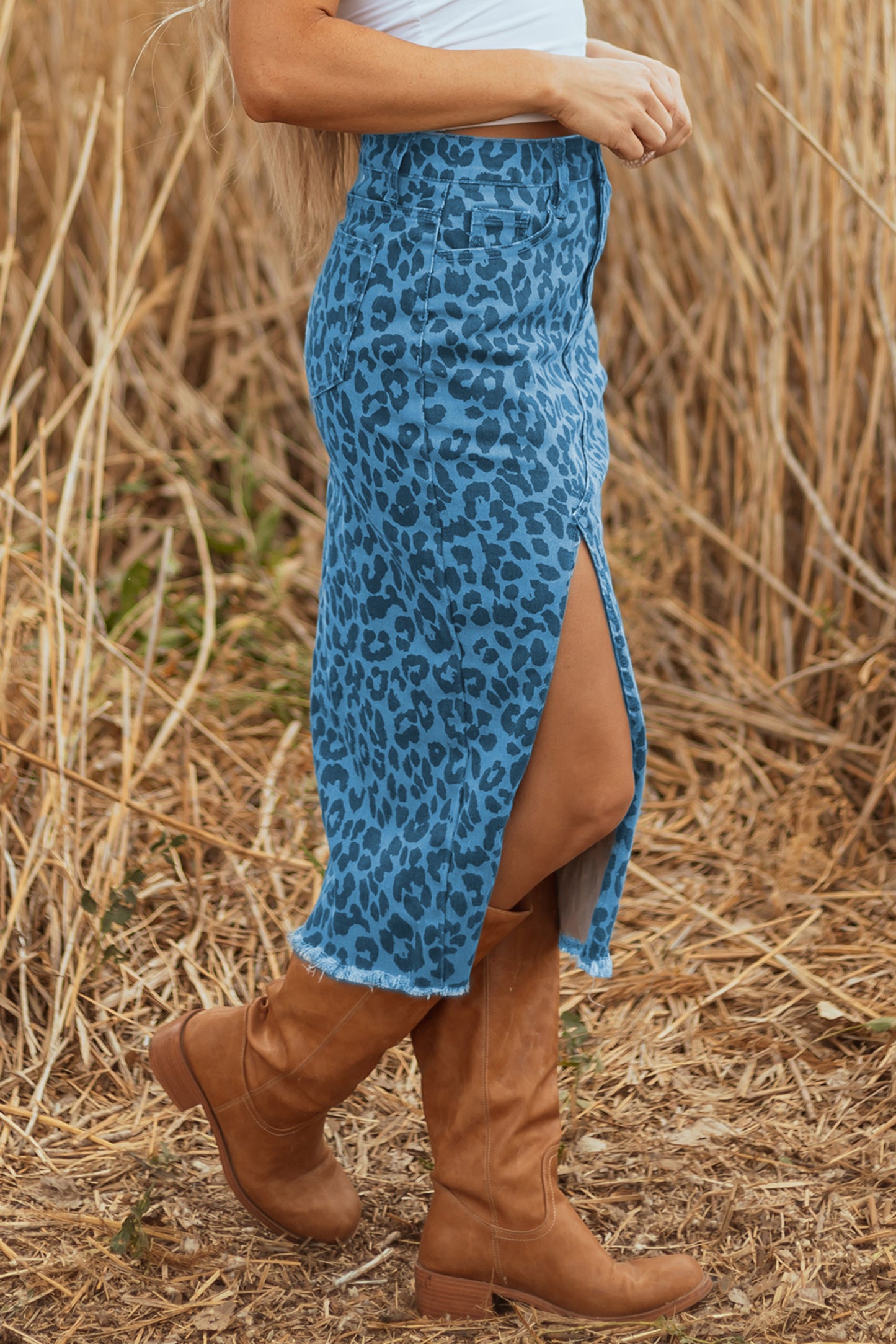 Sky Blue Leopard Print Frayed Edge Denim Skirt Long Casual Daily Wear