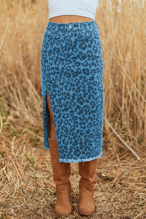 Sky Blue Leopard Print Frayed Edge Denim Skirt Long Casual Daily Wear