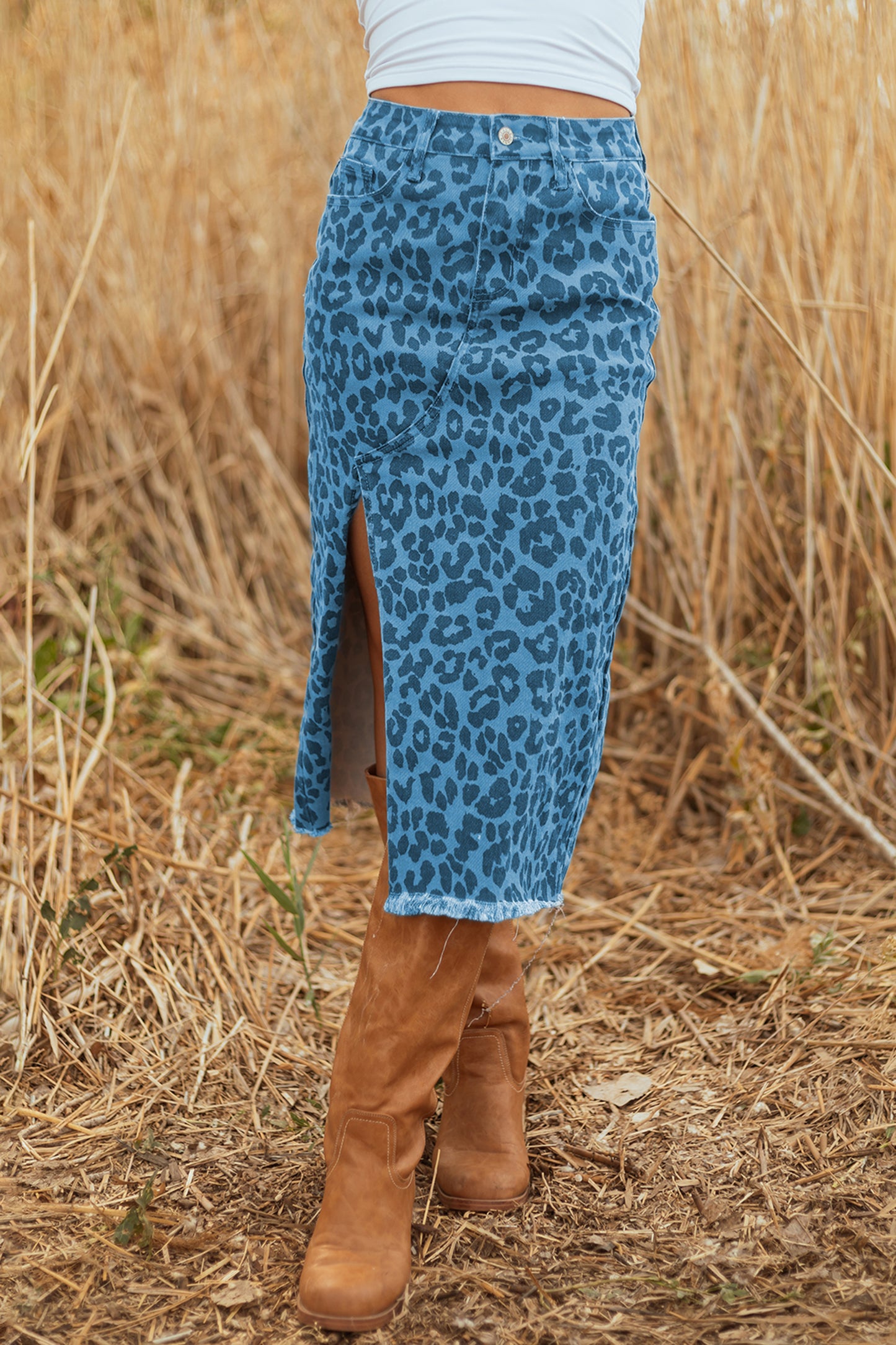 Sky Blue Leopard Print Frayed Edge Denim Skirt Long Casual Daily Wear