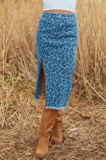 Sky Blue Leopard Print Frayed Edge Denim Skirt Long Casual Daily Wear
