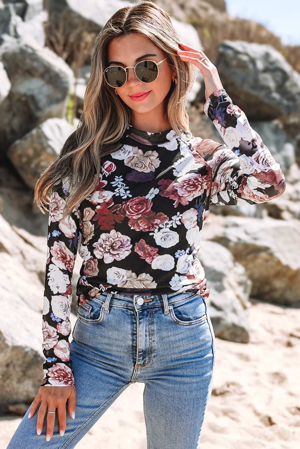Pink Mesh Floral Print Mock Neck Long Sleeve Slim Top
